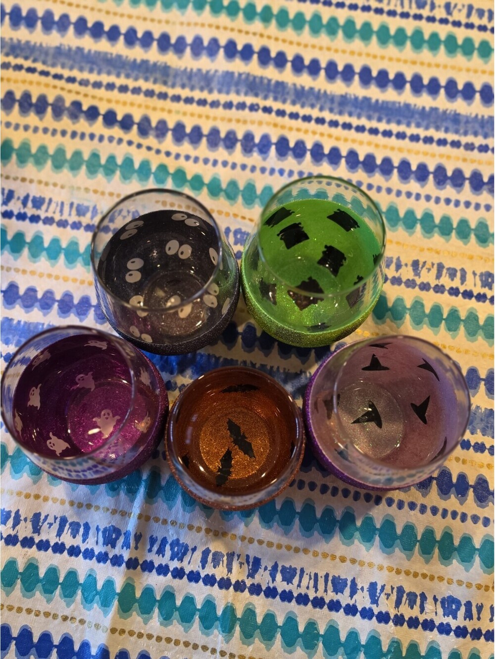 handmade Halloween-themed peekaboo glitter stemless wine glasses 5 Pcs